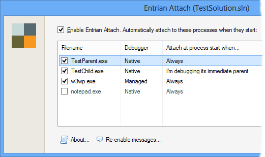 Screenshot of Entrian Attach, a Visual Studio Addin for automatically attaching a debugger to processes as they start.